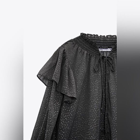 ZARA SPARKLY SEMI-SHEER METALLIC DOT BLOUSE - Picture 7 of 8